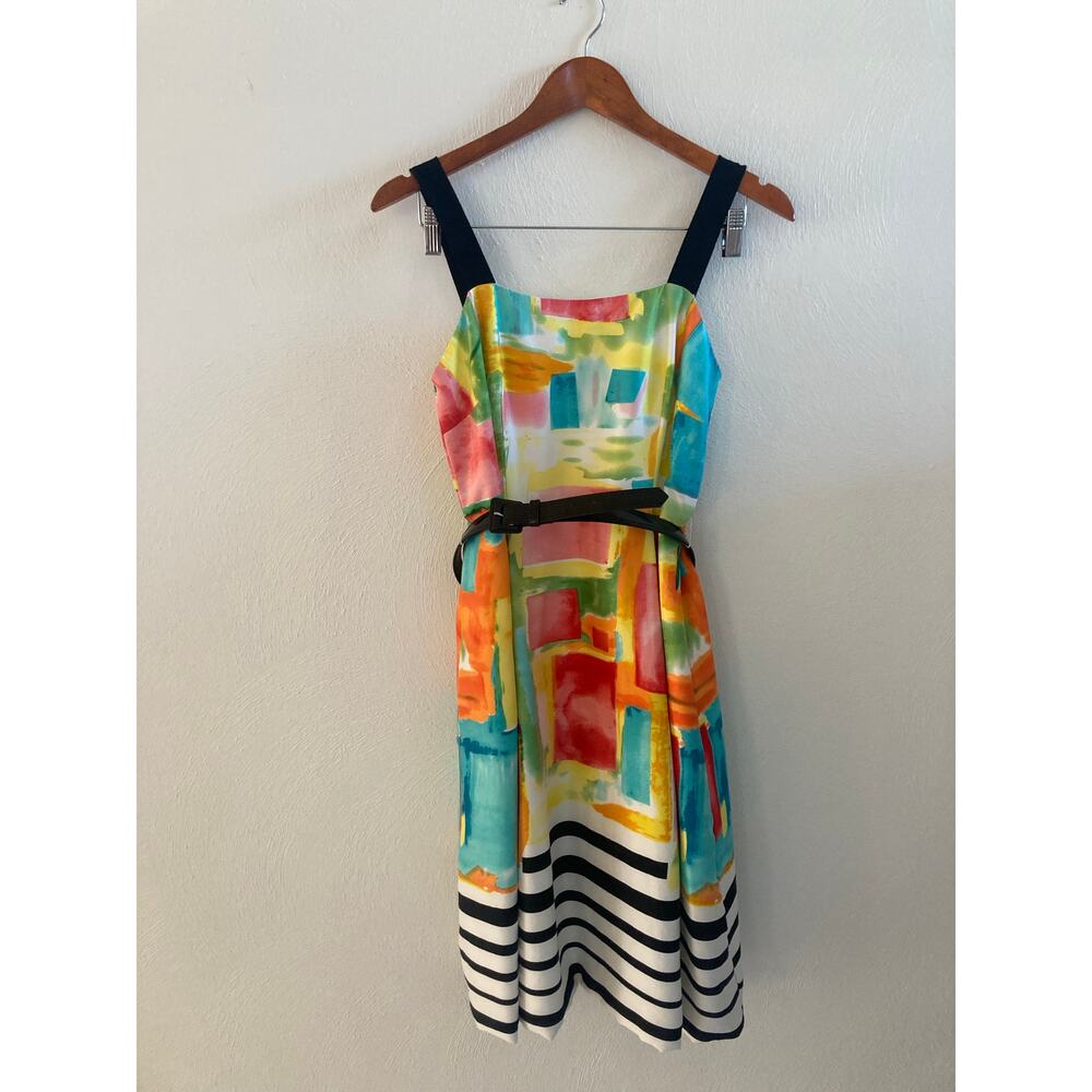 Rickie Freeman Teri Jon Silk Watercolor Abstract Stripe Colorful Belted Dress 8 - Picture 5 of 15